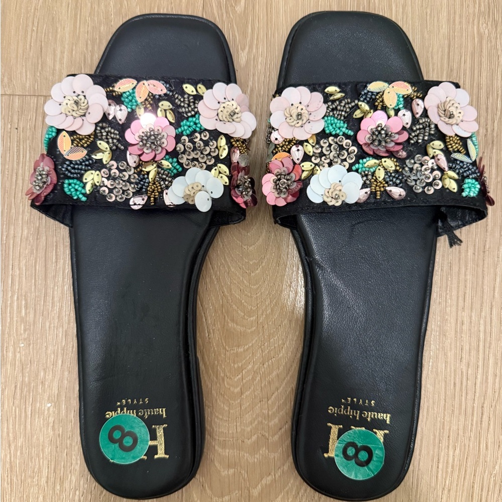 Women’s Black Sandals with Floral designs size 8